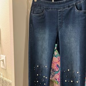 Lulu-B Pull On Denim Blue Jeans embroidered with white pearl , and silver beads